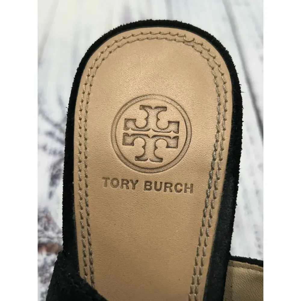 Tory Burch Women's Black Leather Brittania Peep Toe Suede Bootie Size 8.5M
